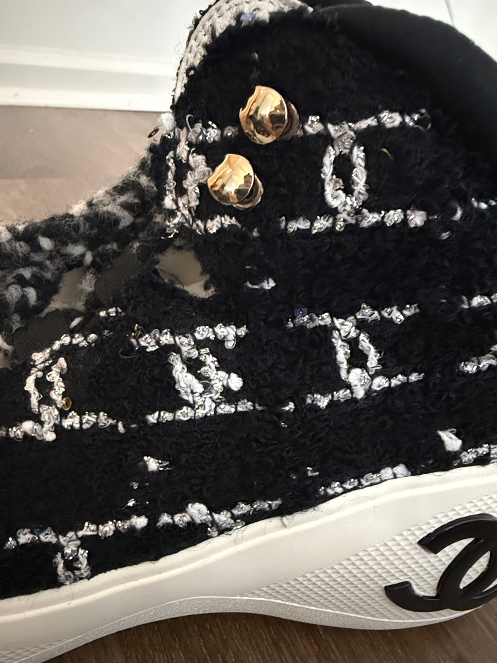 CHANEL Black and White Tweed Kids High-Top Sneakers - Picture 4 of 5
